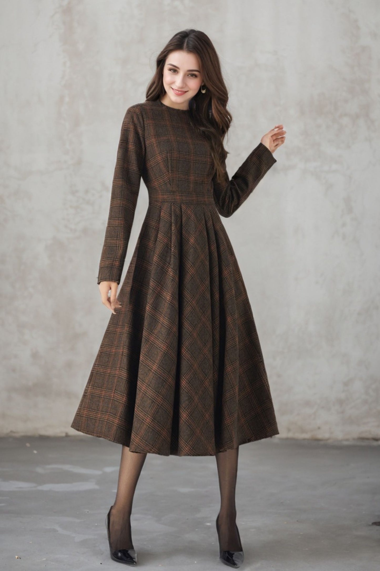 Long Sleeve Plaid Midi Wool Dress 5406