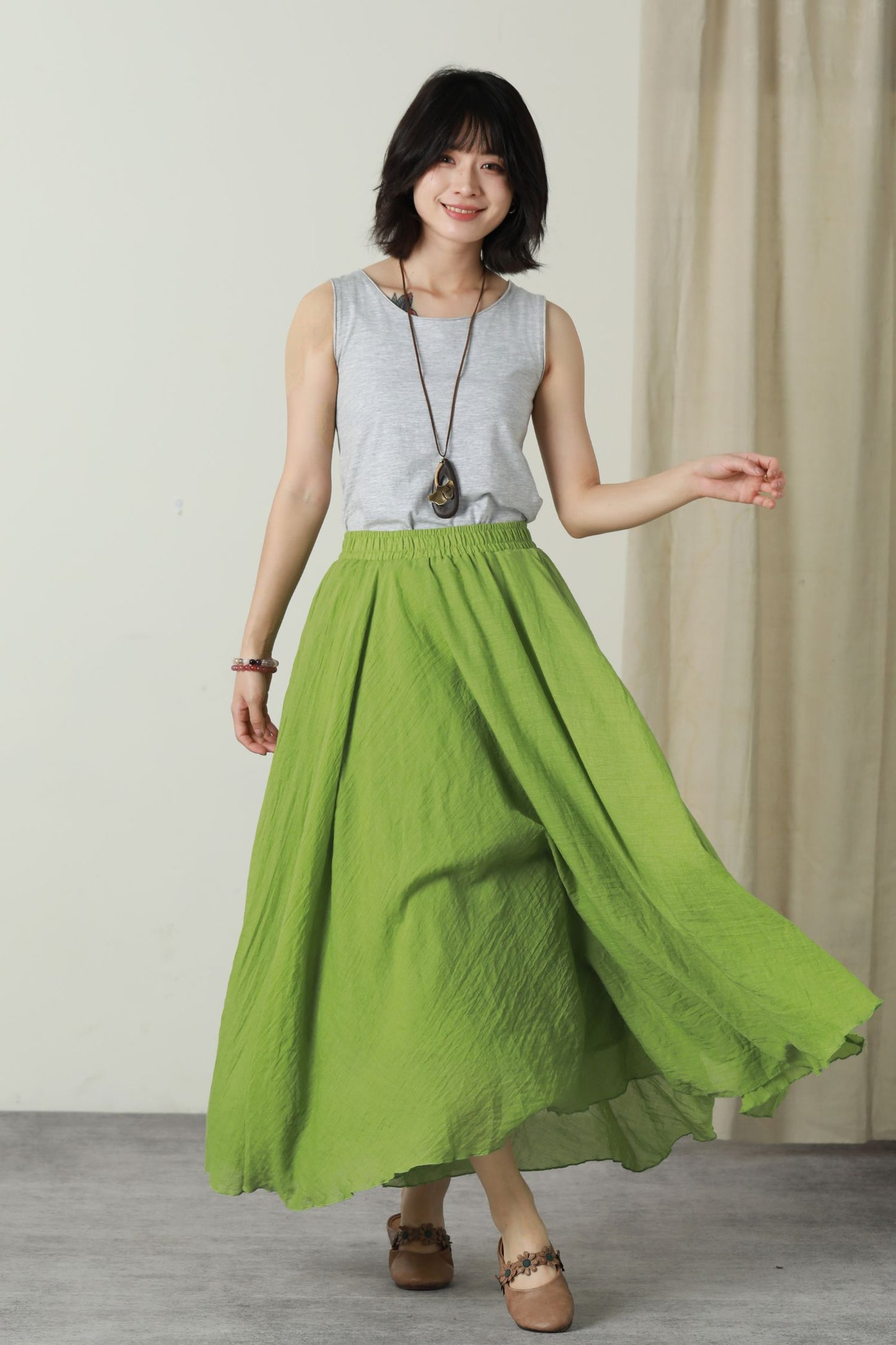 Green summer swing long linen skirt women 6177