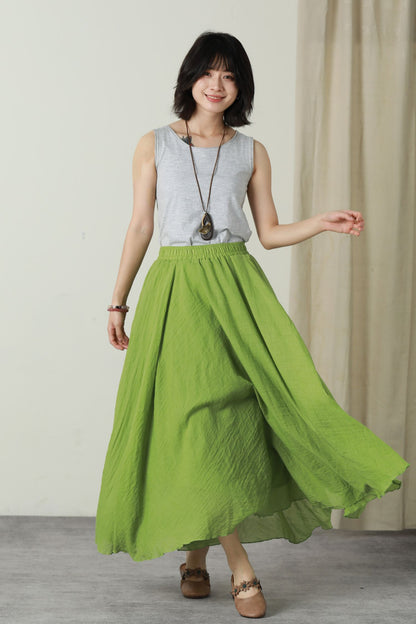 Green summer swing long linen skirt women 6177