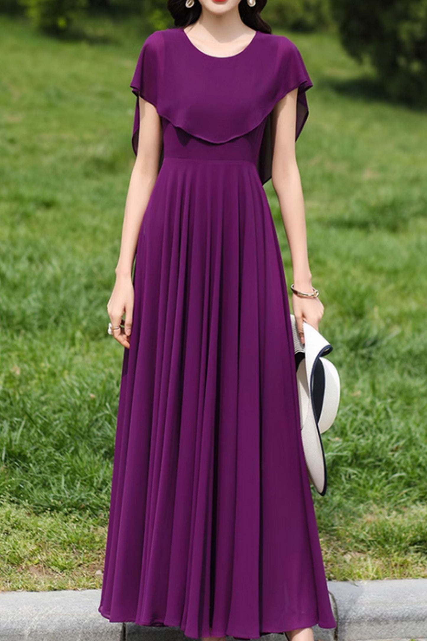 Prom purple chiffon dress with cape 4982