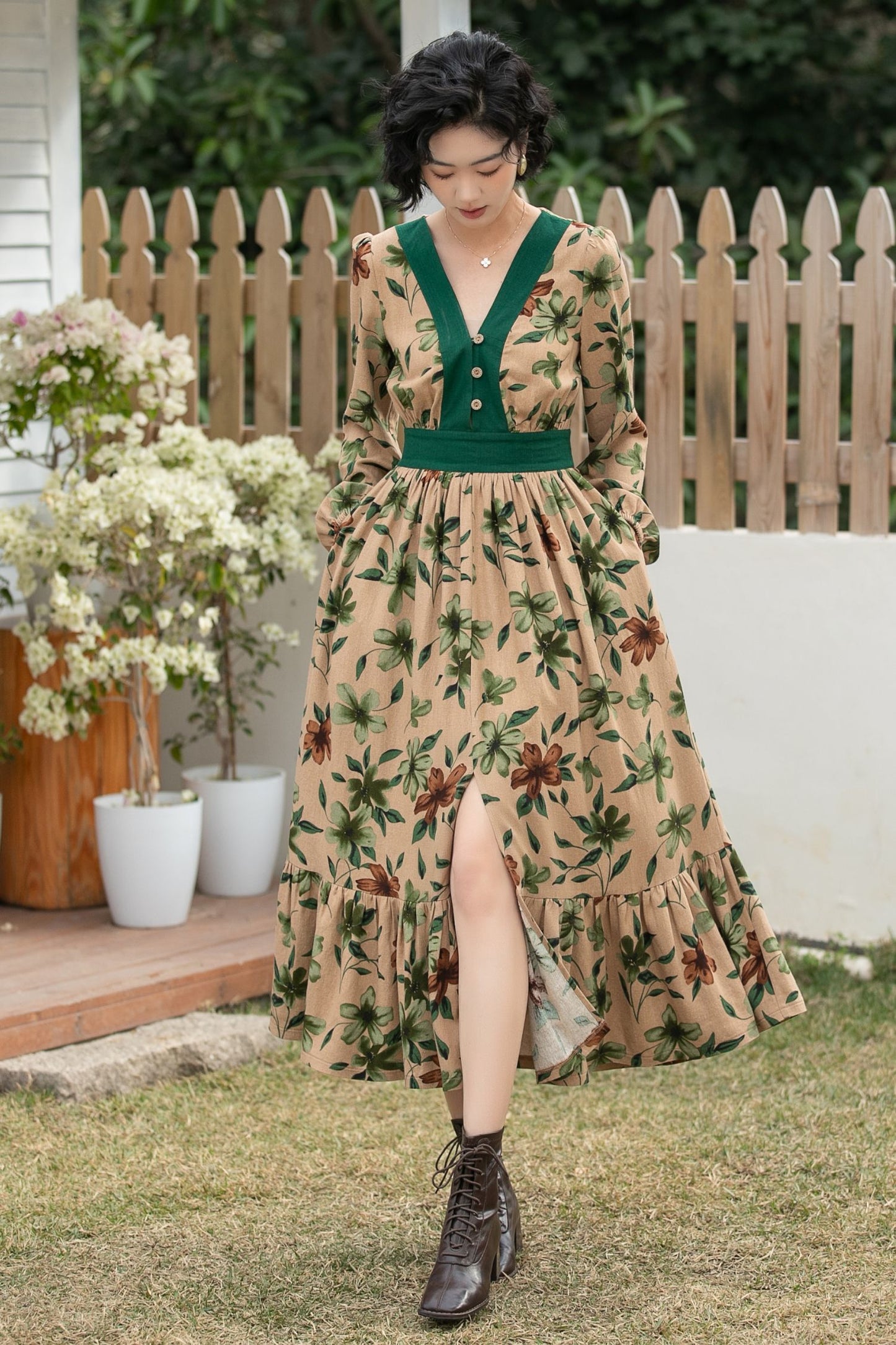 Xiaolizi Boho Linen Midi Dress – Vintage Contrast V Neck 6693