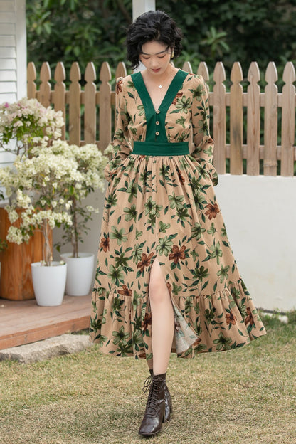 Xiaolizi Boho Linen Midi Dress – Vintage Contrast V Neck 6693