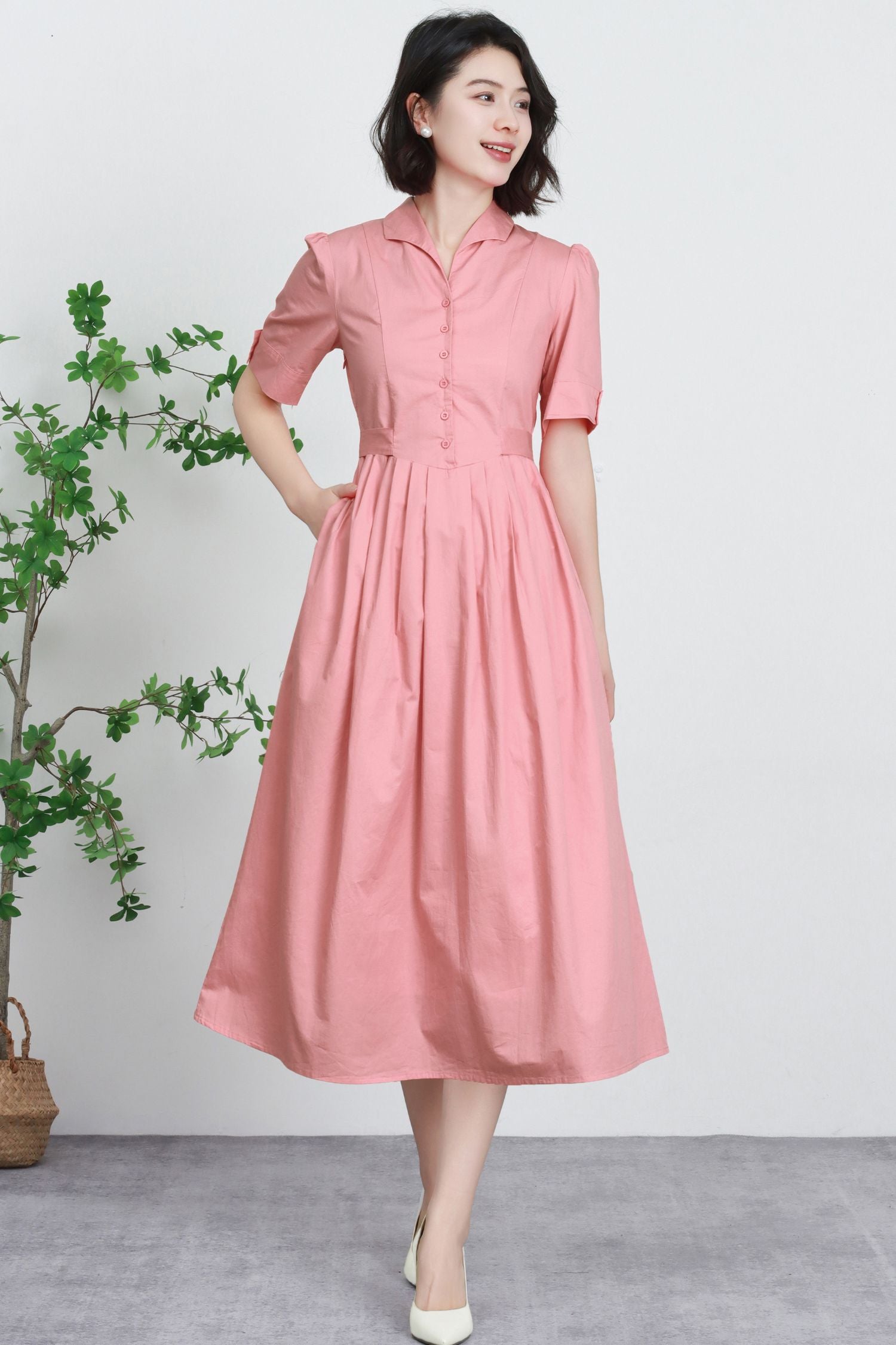 Pink Linen Cotton Midi Dress with Pleated Waist