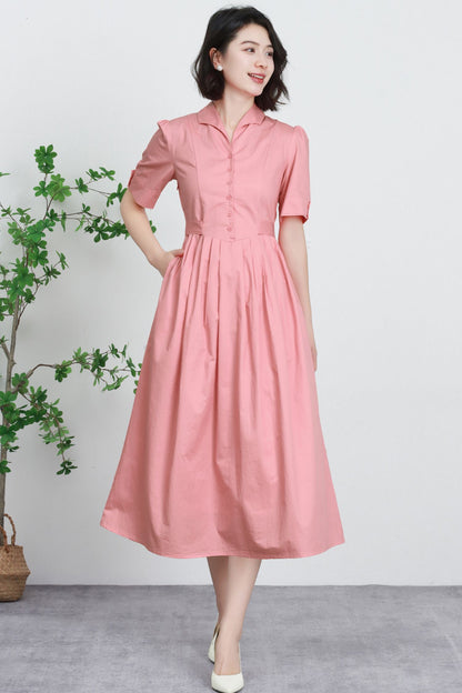 Midi pink linen summer dress women 5734 Xiaolizi Midi pink linen summer dress women 5734 Xiaolizi