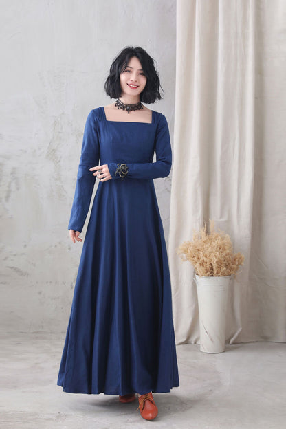 Navy Linen Maxi Dress - Fitted Waist with Square Neckline 3329