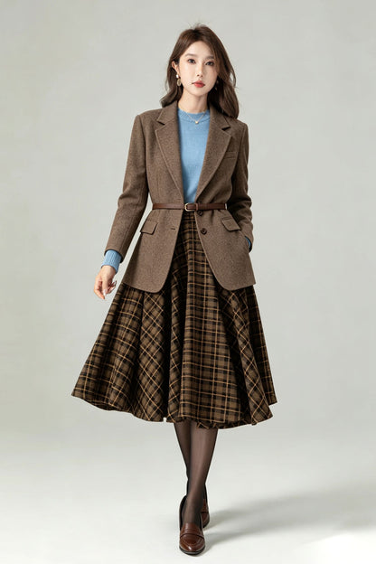 Vintage Brown Plaid Wool Swing Midi Skirt-High Waist Flared Skirt with Pockets 7013