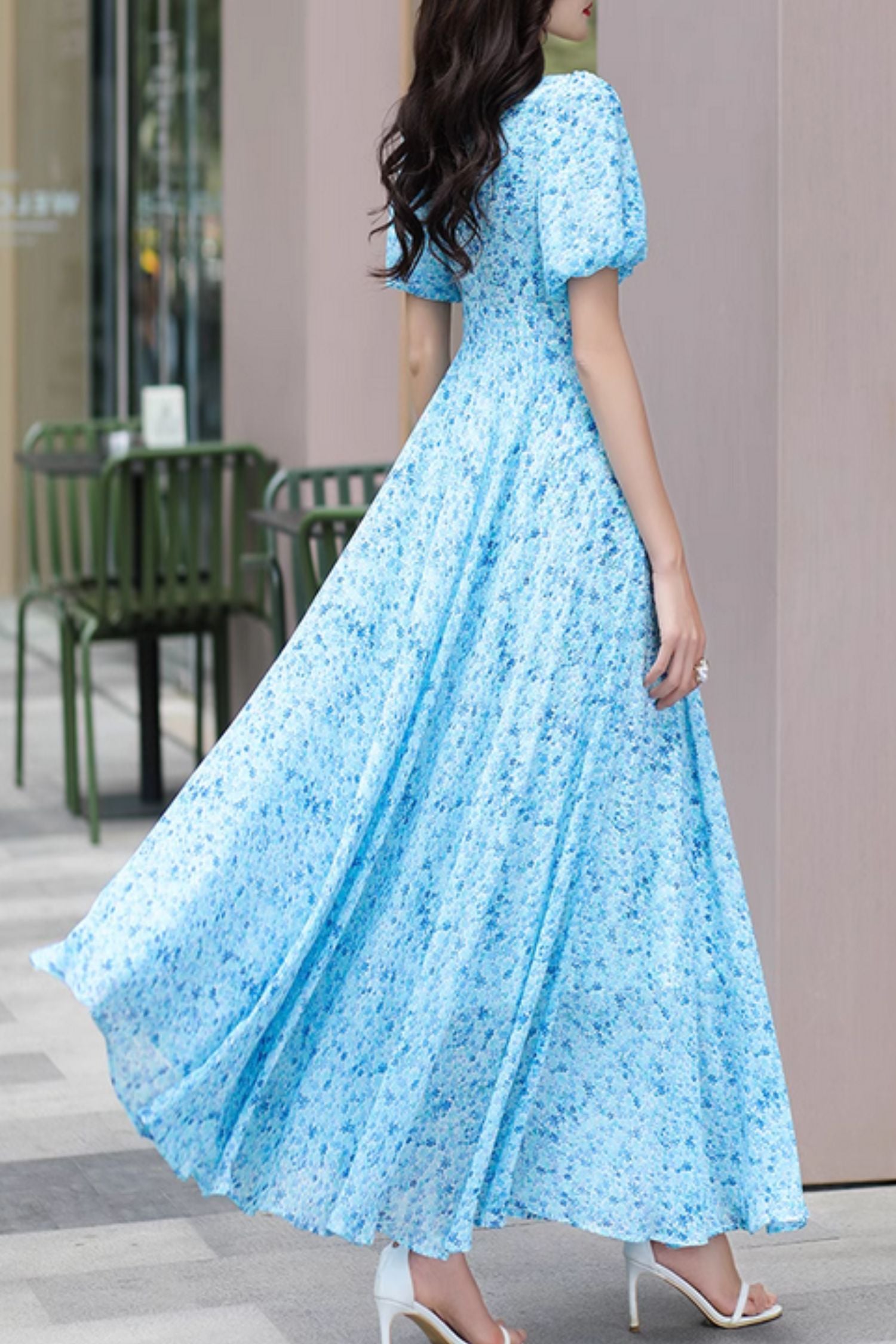 Maxi blue floral summer chiffon dresses 5017 Xiaolizi Maxi blue floral summer chiffon dresses 5017 Xiaolizi