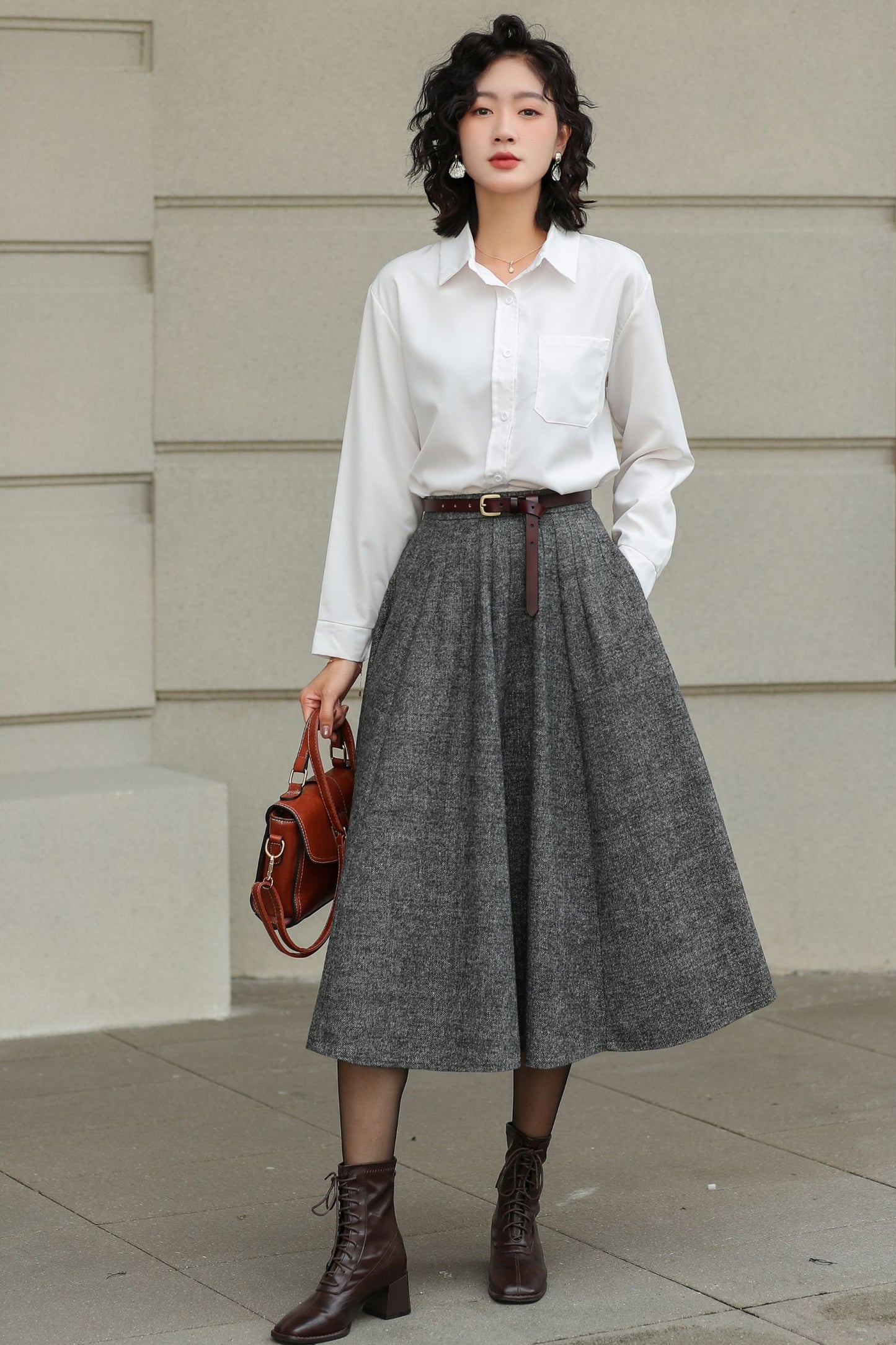 Grey Wool Pleated Midi Skirt - A-Line Silhouette with Pockets 6416