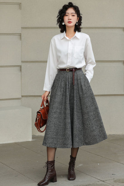 Grey Wool Pleated Midi Skirt - A-Line Silhouette with Pockets 6416
