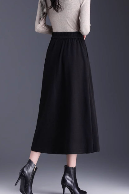 Burgundy Wool Midi Skirt - Pleated A-Line Silhouette 6138