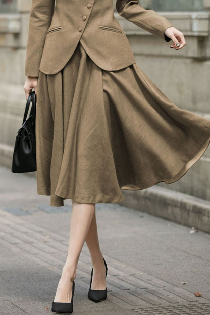 Brown Linen Midi Skirt - High Waist A-Line | Xiaolizi 6752
