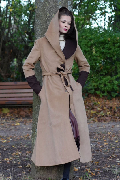 Camel Wool Trench Coat with Hood - Two-Tone Contrast Cuffs 4725