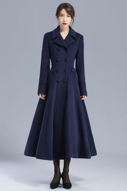Navy Blue Wool Coat – Elegant Double-Breasted Fit and Flare Long Winter Overcoat 3208
