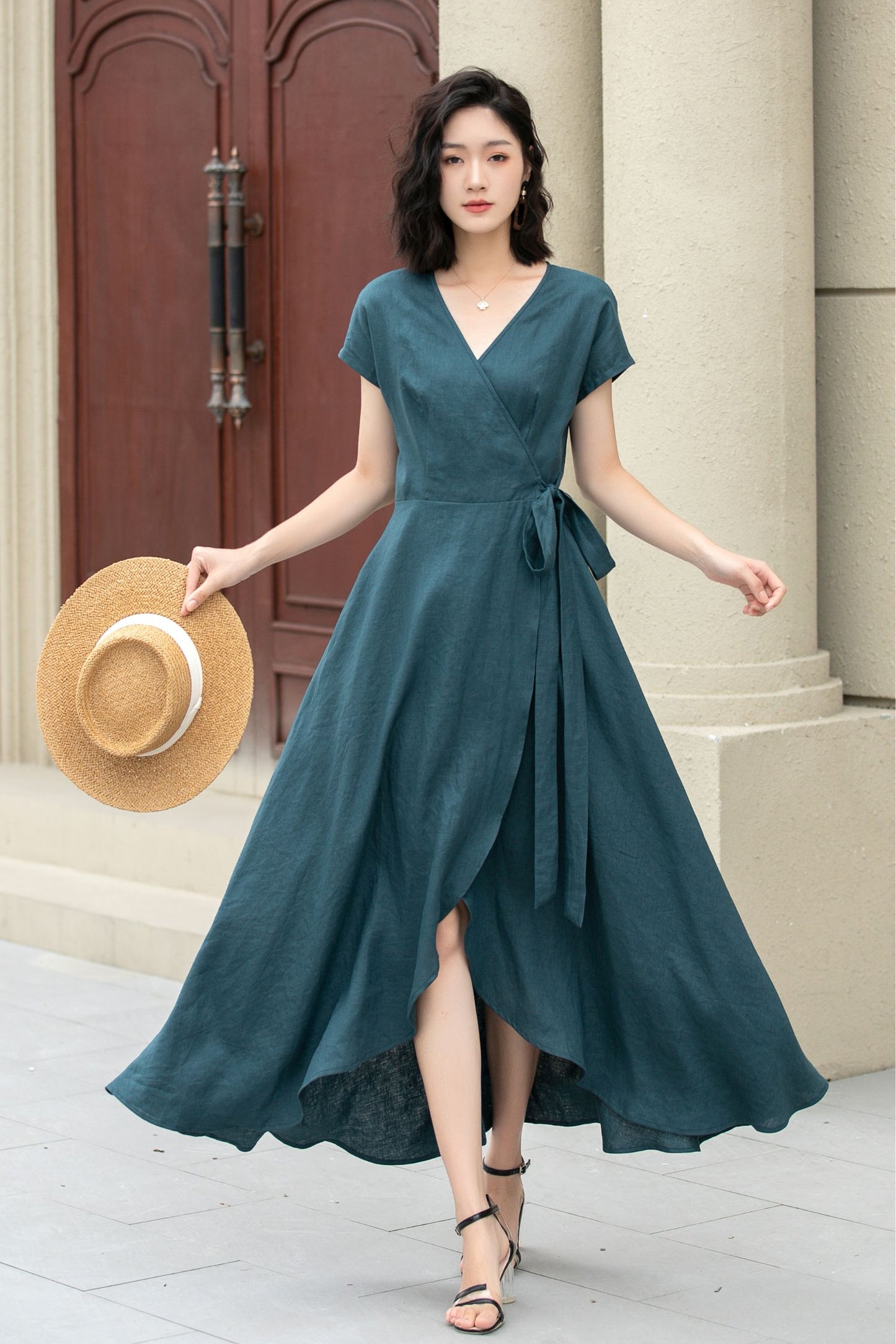 Short sleeve Green Linen Wrap dress 5142 Xiaolizi Short sleeve Green Linen Wrap dress 5142 Xiaolizi