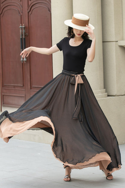 Black Chiffon Maxi Boho Skirt Women 5107