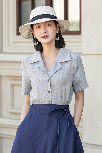 Light Grey Linen Blouse - Short Sleeve, Button-Up Shirt 4920