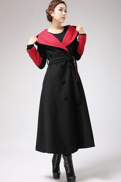 Black Wool Hooded Maxi Coat - Double Breasted Belt | Xiaolizi 700
