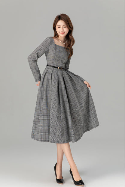 Plaid Linen Midi Dress - Swing Silhouette with Long Sleeves 4935