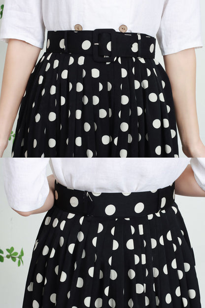 Black & White Polka Dot Polyester Midi Skirt - High-Waisted Pleated A-Line 5739
