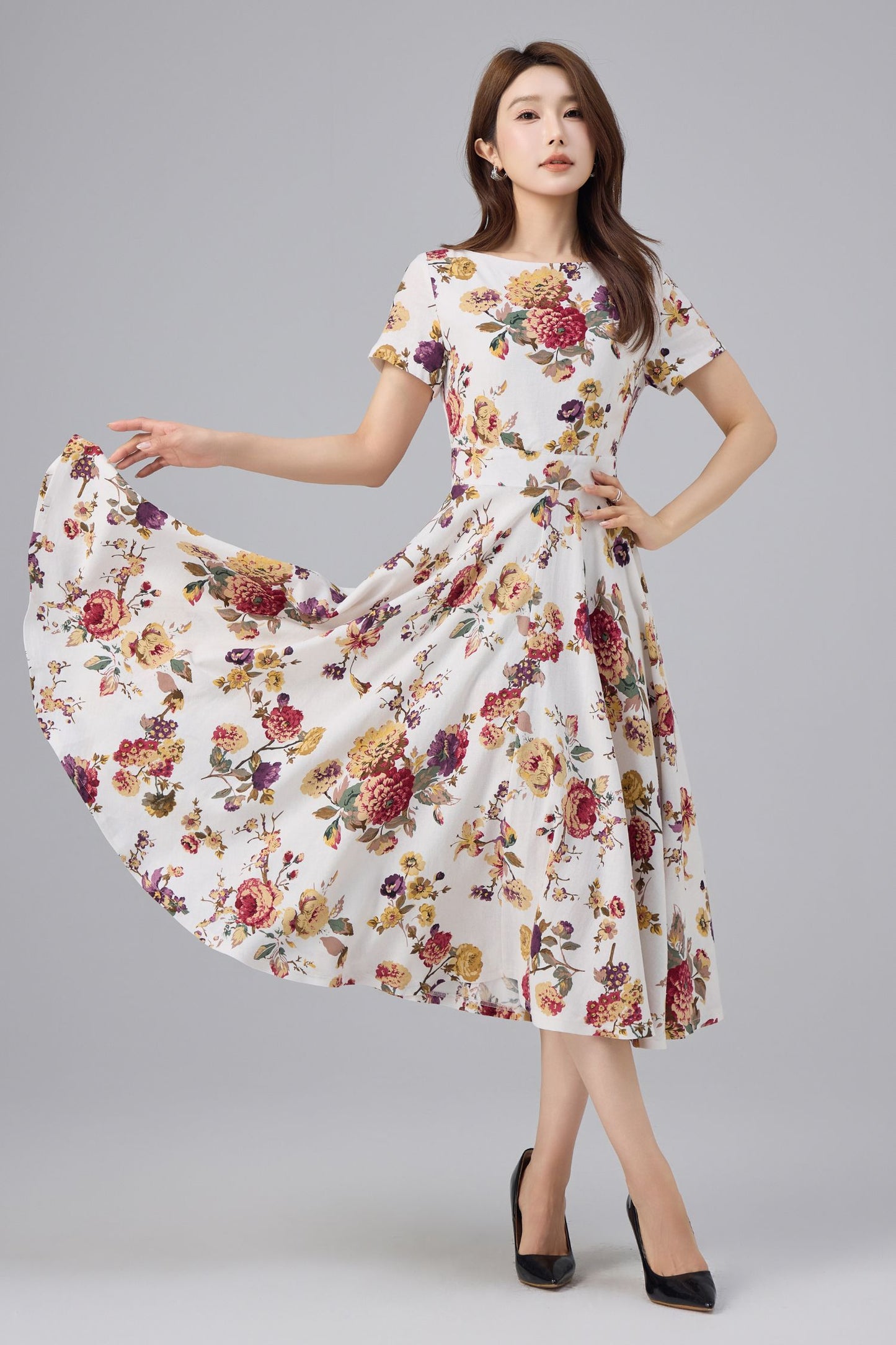 Floral Linen Cotton Midi Dress - Flattering Waist, A-line Swing | Xiaolizi 6762