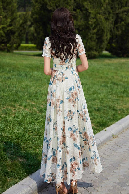 Floral Chiffon Maxi Dress - V-Neck, Fitted Waist, Short Sleeve 5032