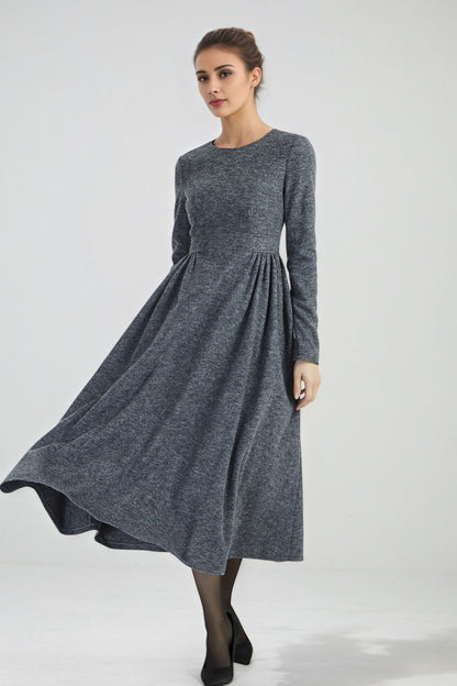 Dark Grey Wool Midi Dress - Fit and Flare Silhouette 6293