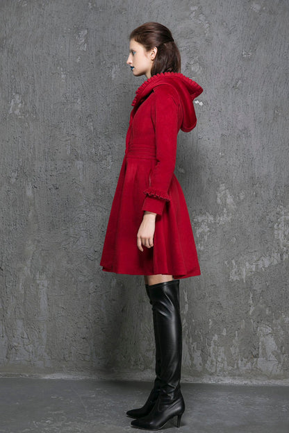 Wine Red Hooded Wool Coat – Elegant Ruffle Trim Winter Jacket | Xiaolizi 1354