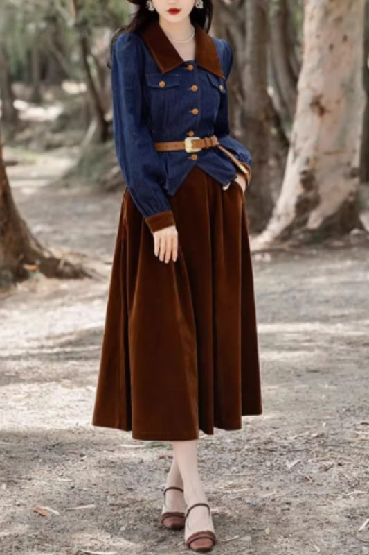 Blue top with brown velvet skirt 5545