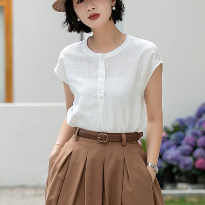 White Linen Blouse - Vintage Button Front with Subtle Ruffle Neckline 5992