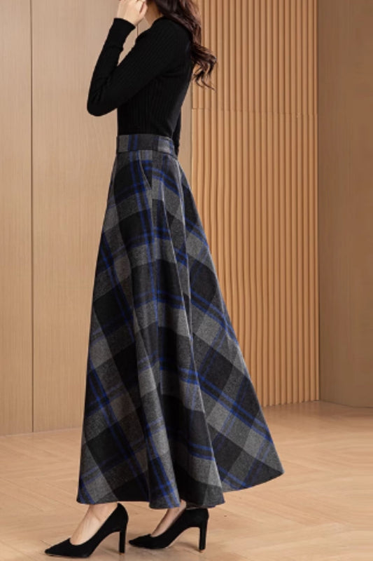 Swing a line long plaid wool skirt 5562