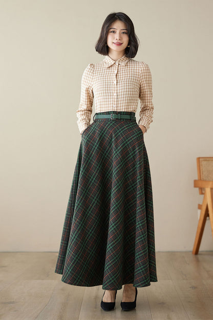 Green Plaid Wool Maxi Skirt – Vintage High Waist Ankle Length Winter Skirt with Pockets 4624
