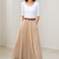 Khaki A line Swing Linen Maxi Skirt with Pockets  2780