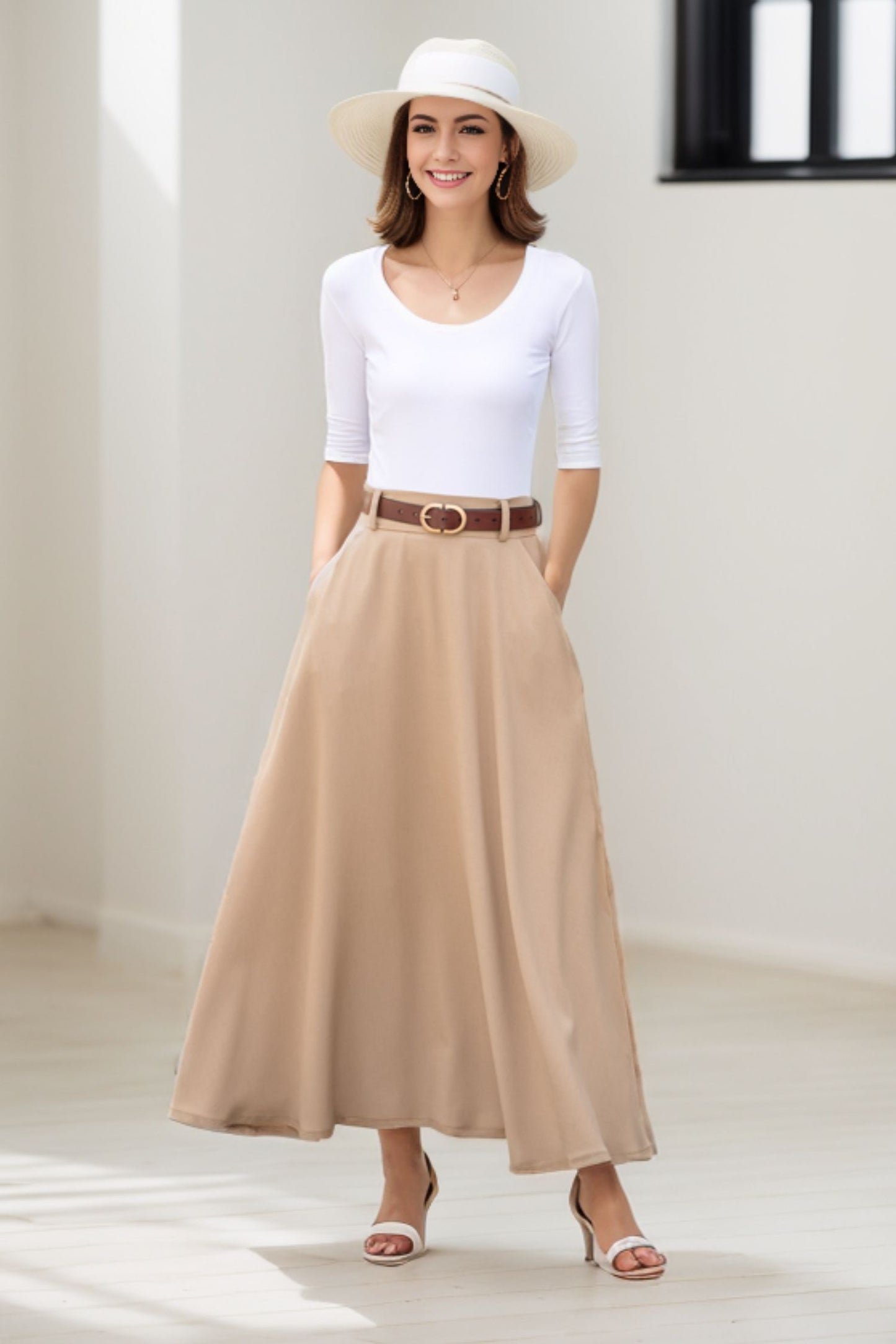 Khaki A line Swing Linen Maxi Skirt with Pockets  2780