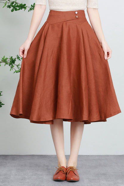 Rust Linen A-Line Midi Skirt - Flowing Circle Hem with Waist Buttons 5730