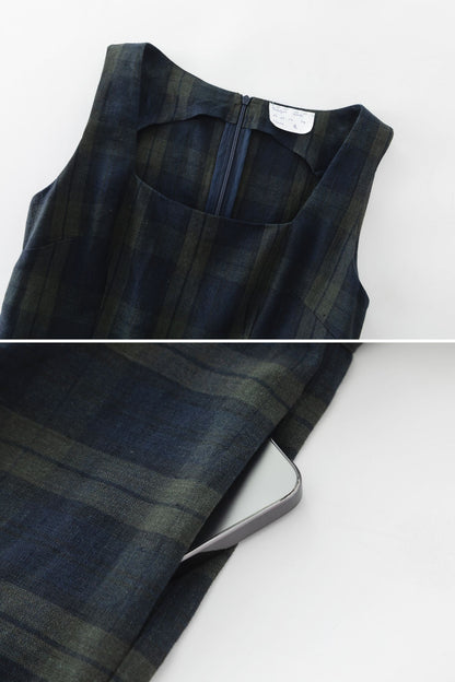 Plaid Linen Cotton Midi Dress - Square Neck Pinafore Pockets | Xiaolizi 6080