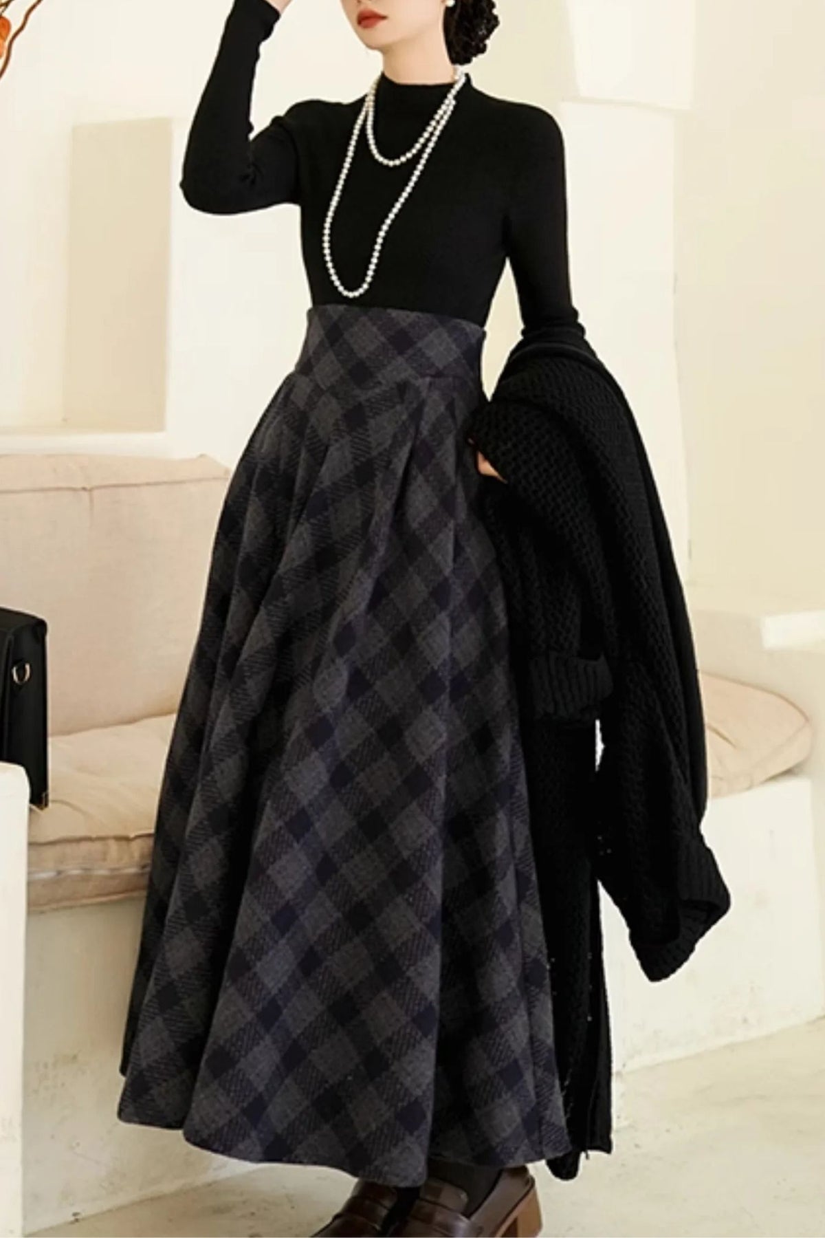 Vintage Navy Plaid Wool Swing Skirt- High Waist Swing  Winter Midi Skirt 7021