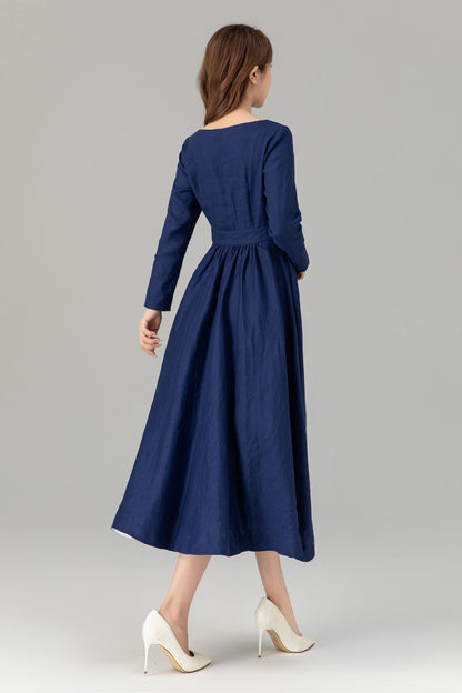 Navy Linen Midi Dress – Long Sleeve Fit and Flare Dress with Pockets 4925