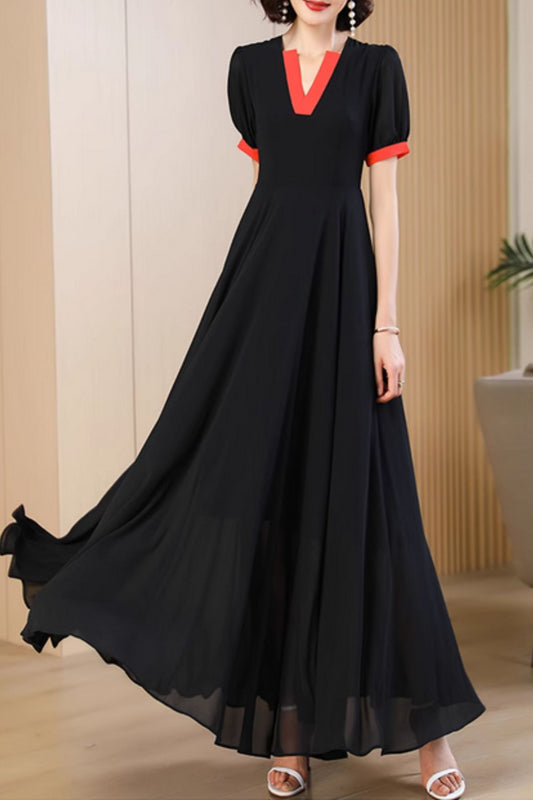 Maxi black bohemian swing chiffon dress 5049