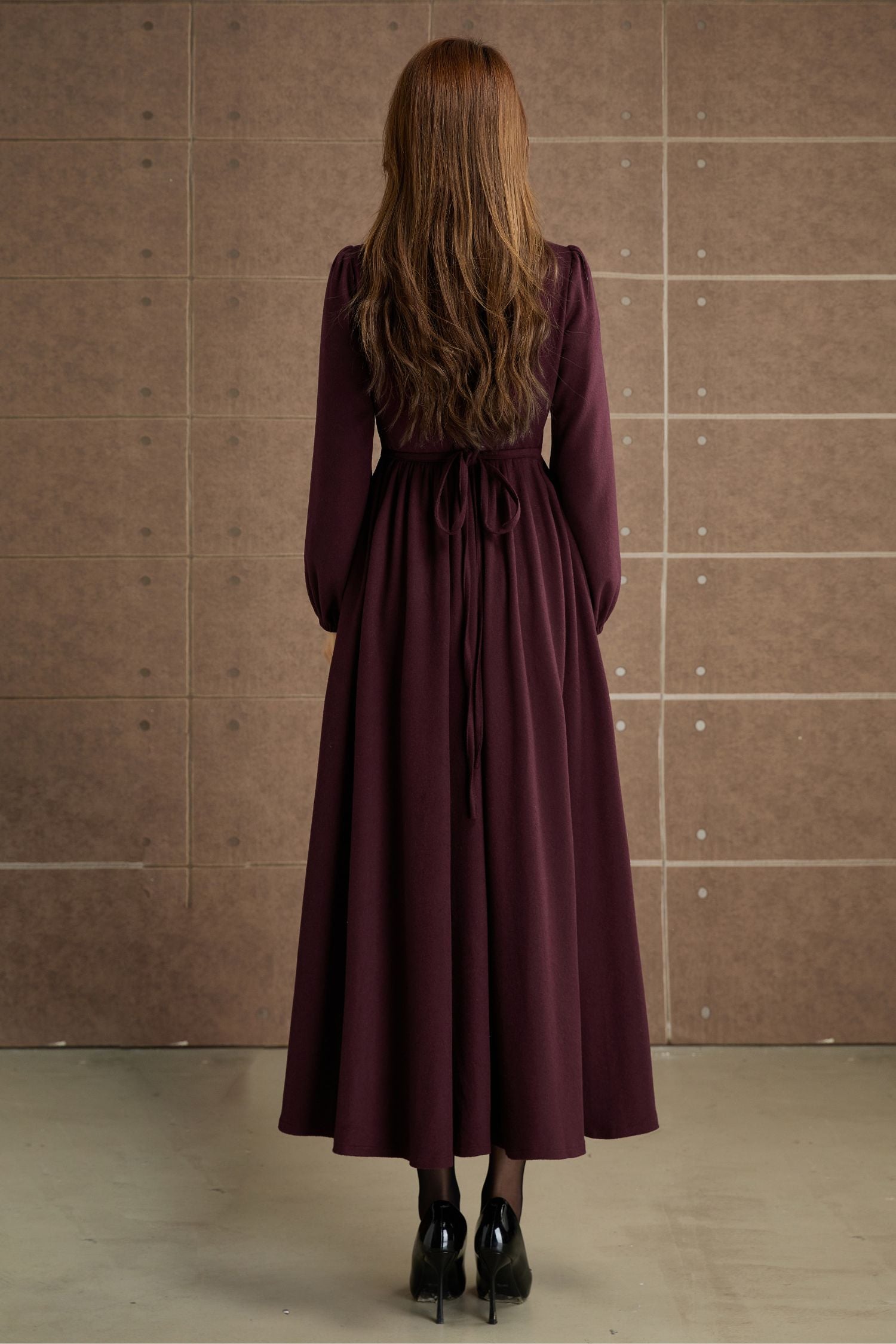 Burgundy Wool Maxi Dress Elegant Long Sleeve Vintage Winter Dress 5359 Xiaolizi Burgundy Wool Maxi Dress Elegant Long Sleeve Vintage Winter Dress 5359 Xiaolizi