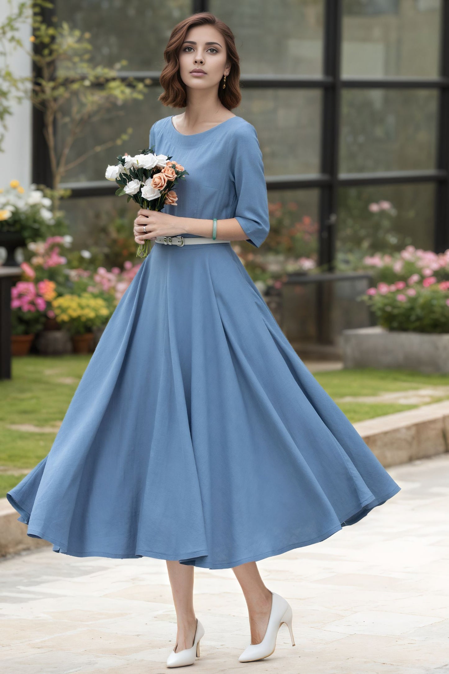 Light Blue Linen Midi Dress – Handmade Fit & Flare Garden Party Dress with Pockets | Xiaolizi 6734