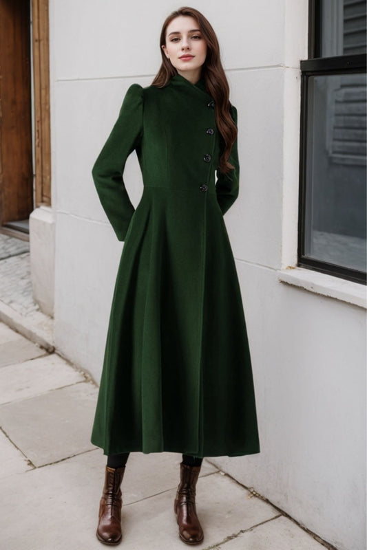 Green A-Line Long Wool Coat 5488