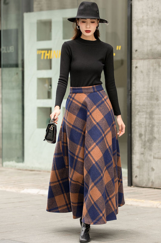 Women Winter long Plaid Wool skirt 2835