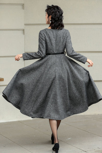 Grey Wool Midi Dress - Elegant A-Line Fit with Button Detail 6423
