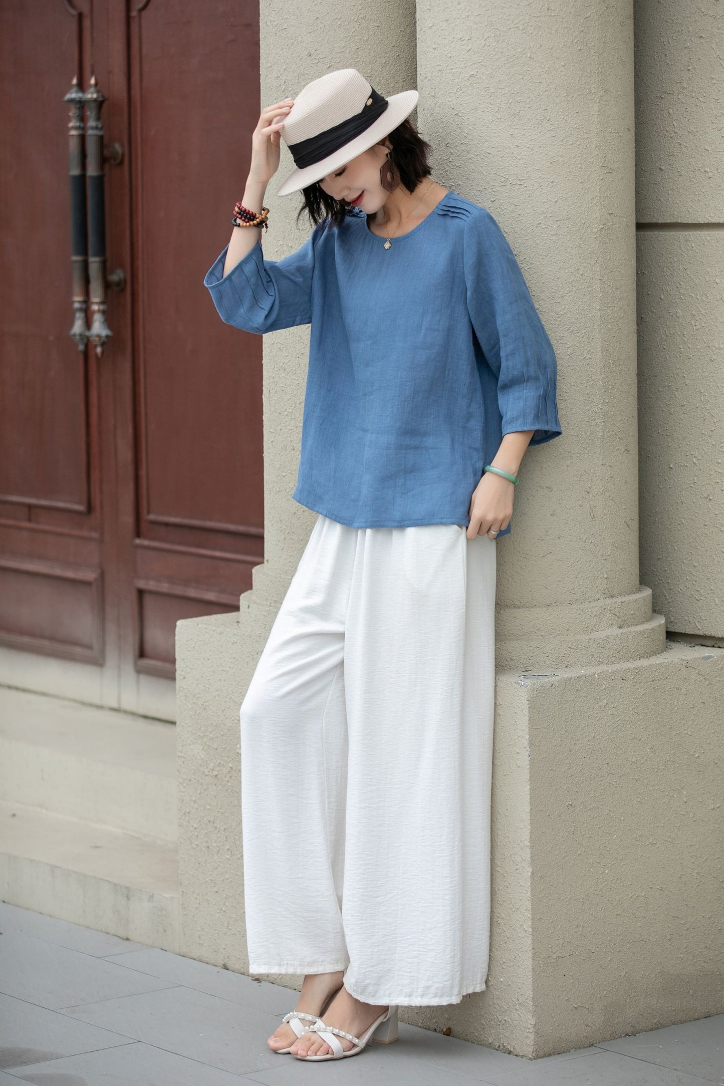 Blue summer linen top blouse 5221