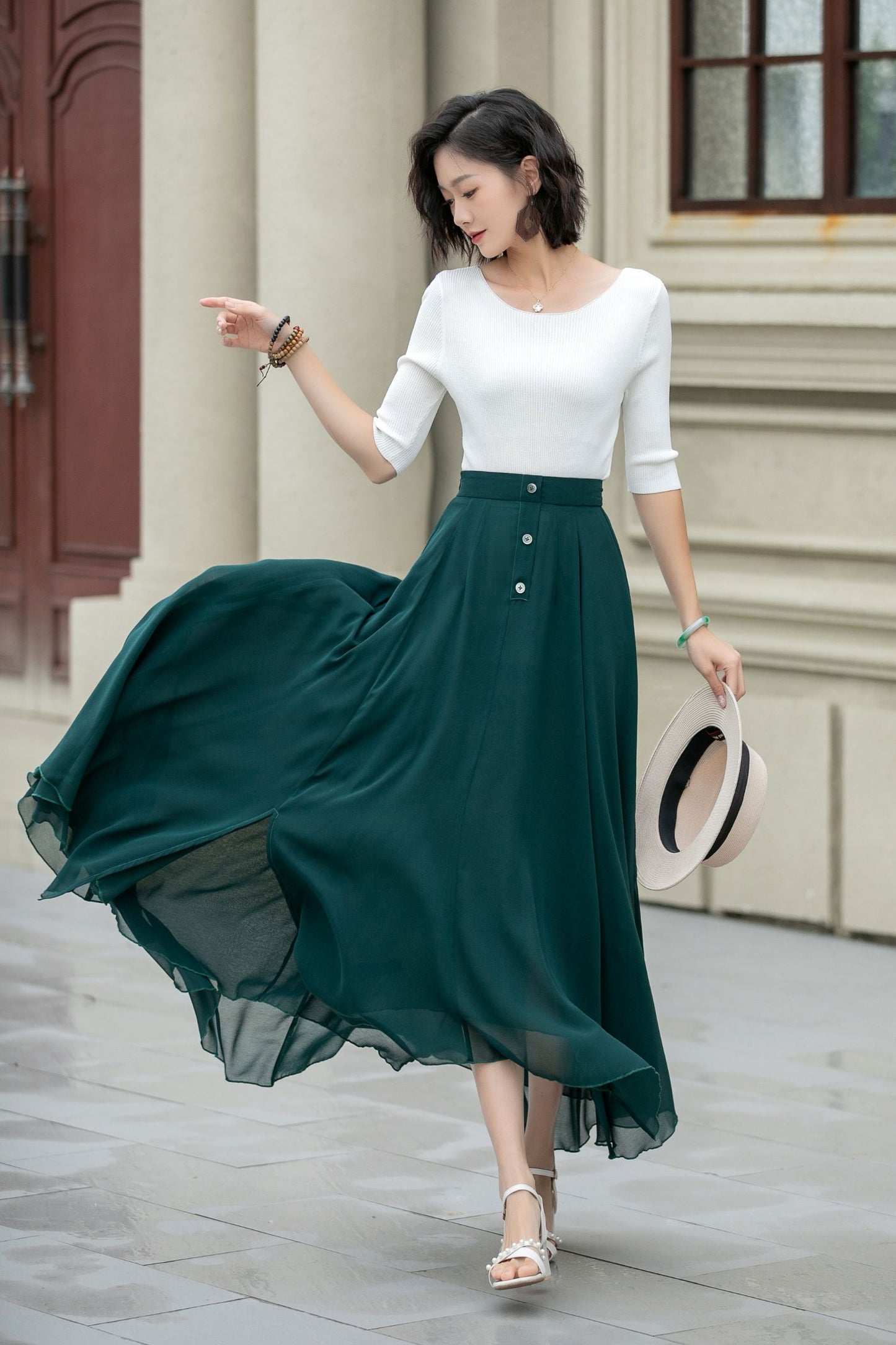 Maxi dark green summer chiffon skirt women 5220