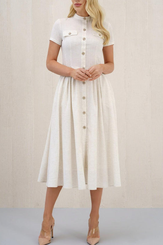 Button front white midi linen dress HY0018