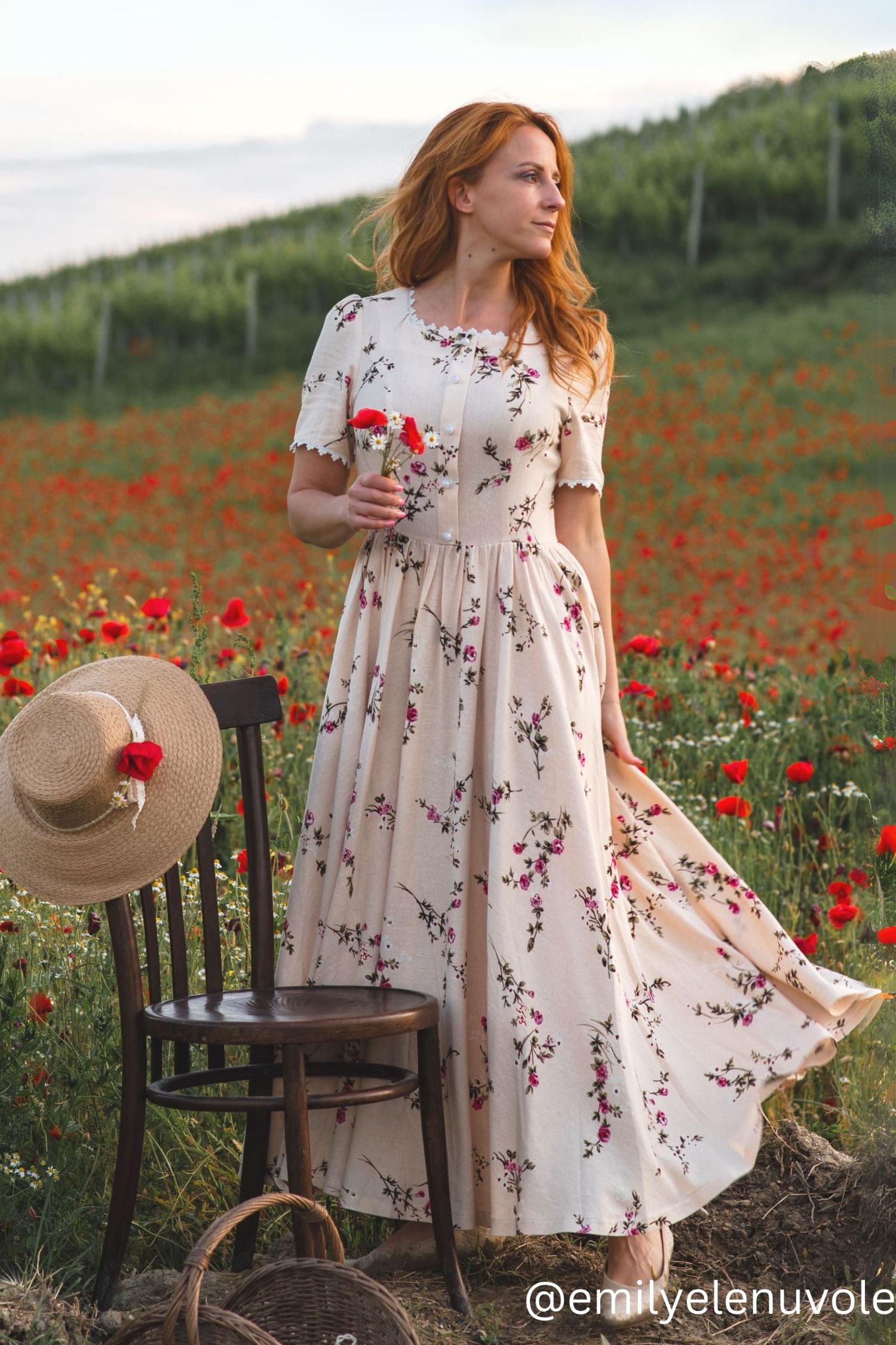 Beige Floral Linen Maxi Dress - Flowy Ankle-Length with Pockets 5211