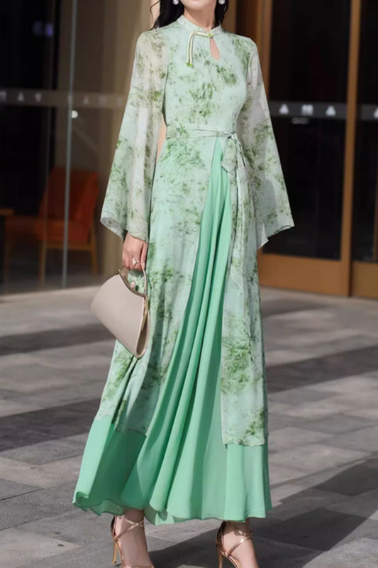 Green romantic long prom chiffon dress 5100