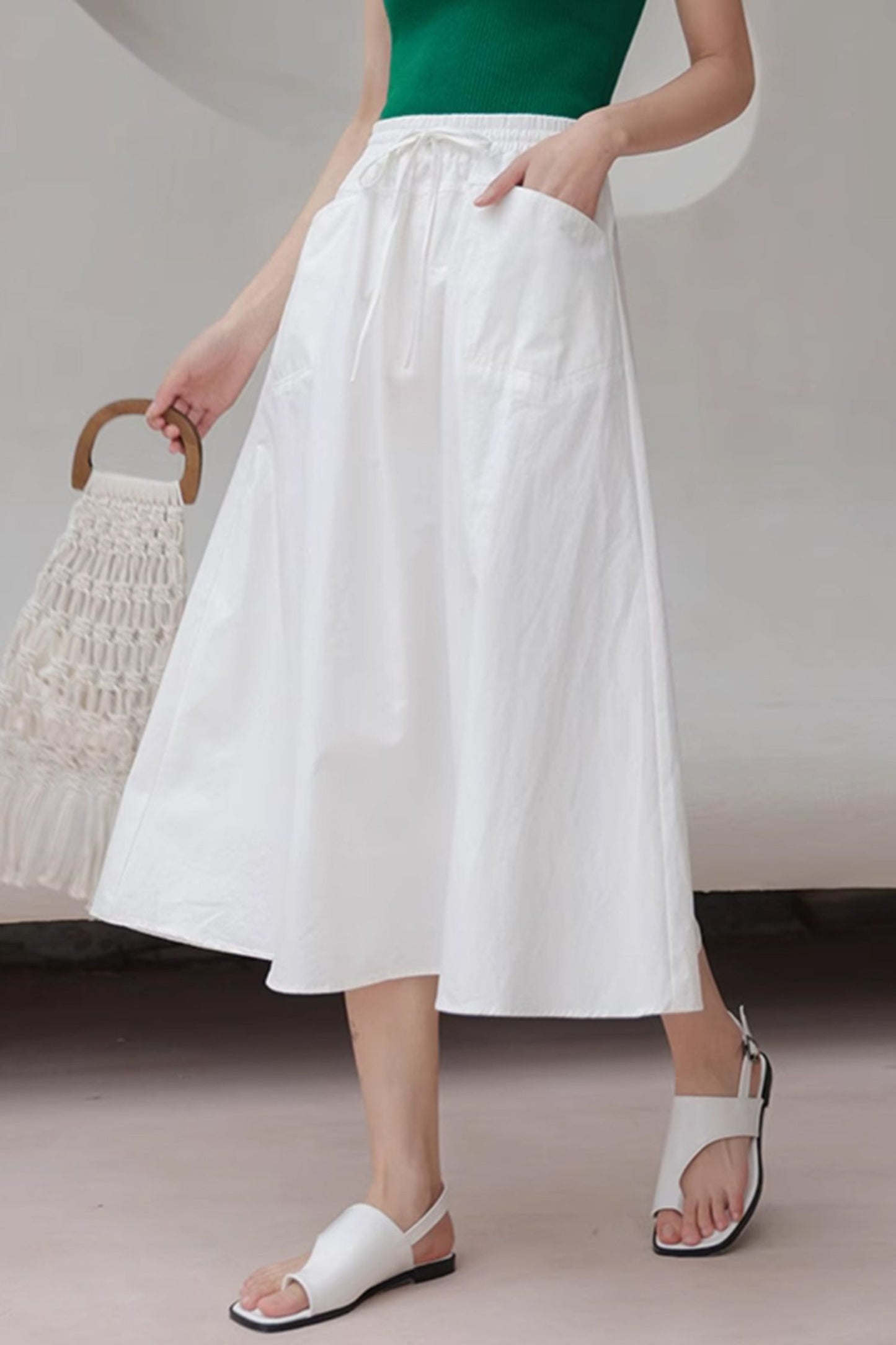 White a line elastic waist skirt with pockets L0605