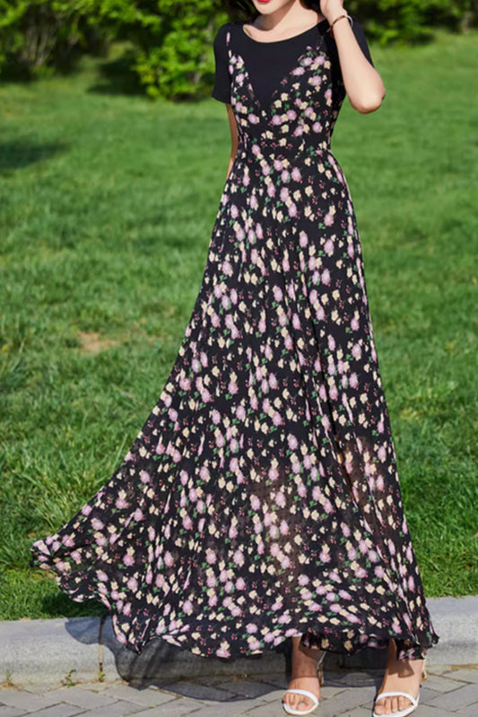 Black floral printed maxi summer chiffon dress 5086